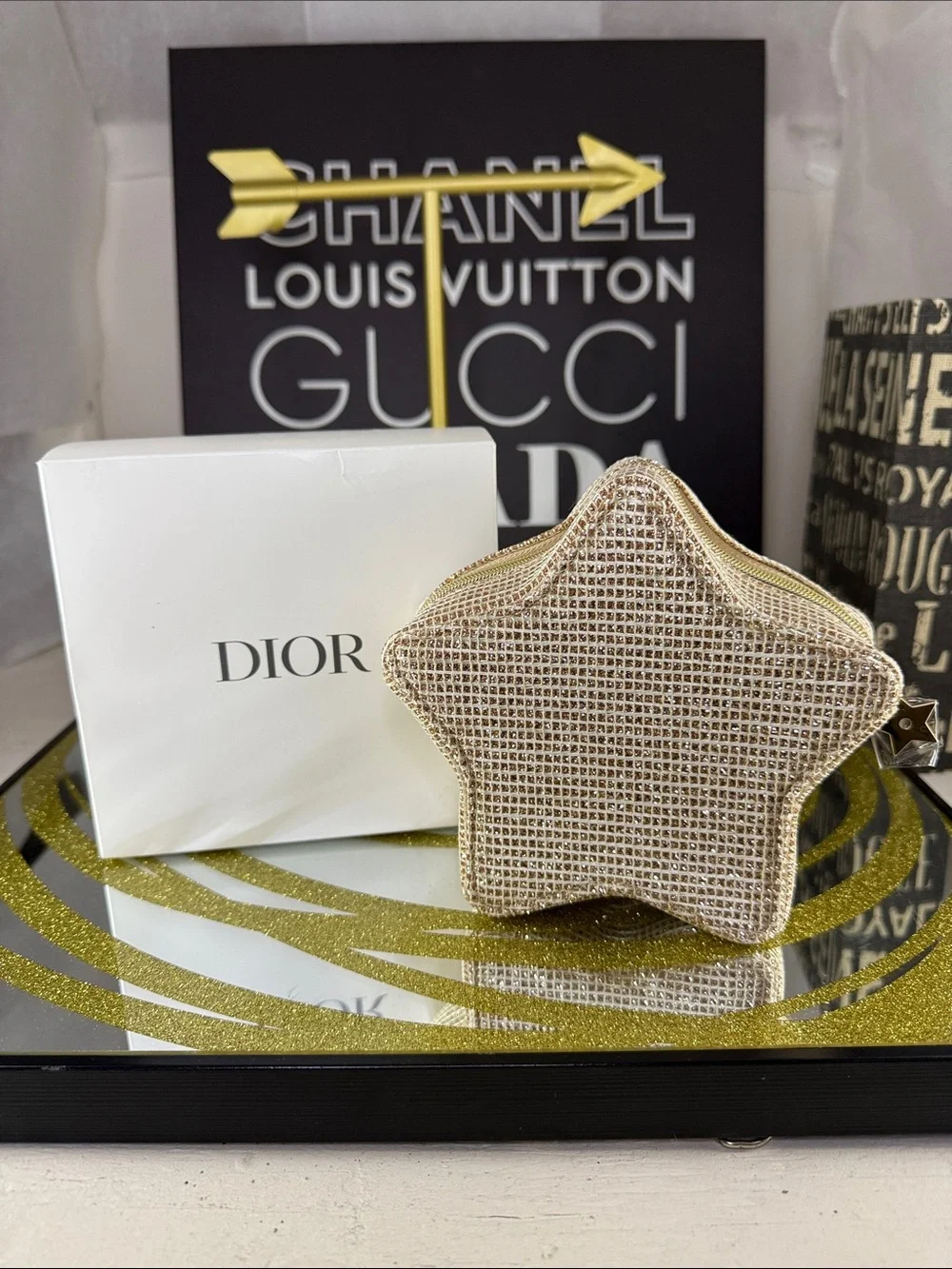 Dior Star Quilted Cosmetic Pouch in Beige with Gold Hardware